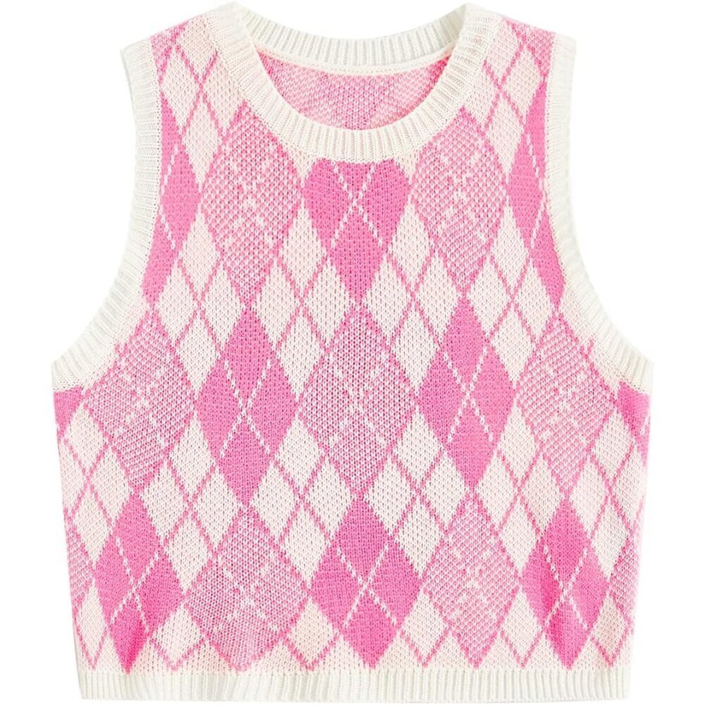 Women's Argyle Sweater Vest Knit Crop Top Sleeveless Round Neck Medium